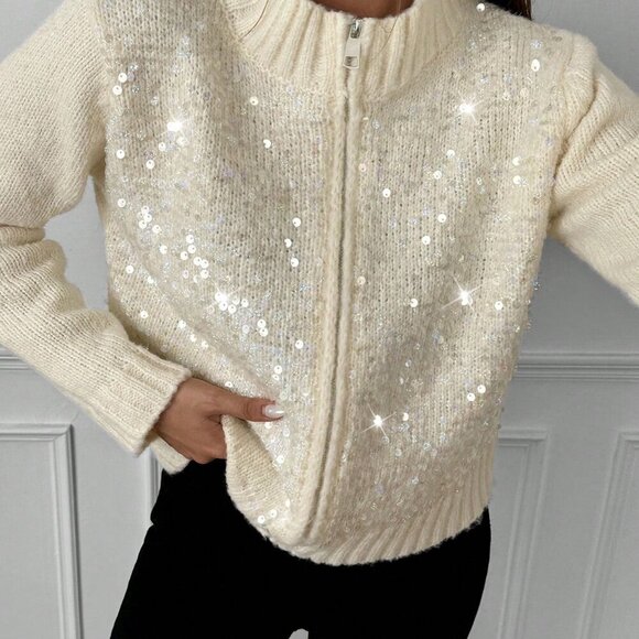 Apricot Casual Women's Fashion Sequin Knit Zip-Up Cardigan - Picture 5 of 6